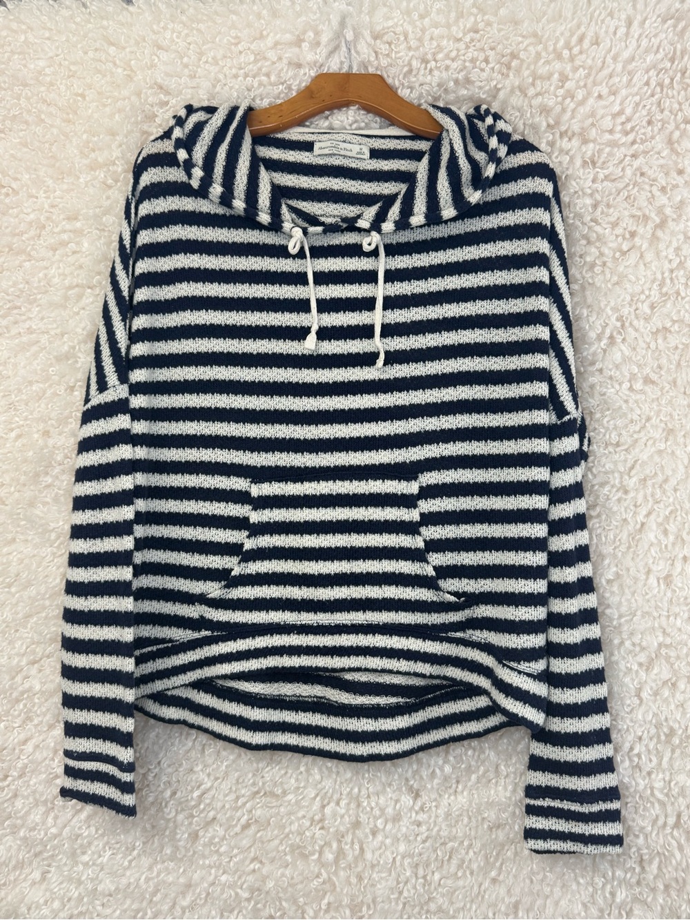 Abercrombie & Fitch Navy and White Striped V-Neck Hoodie Sweater
